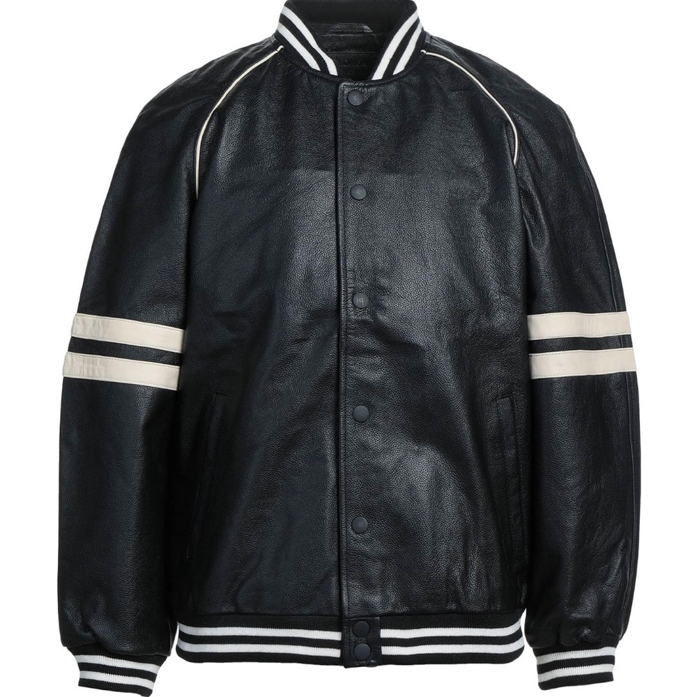Classic Black and White Leather Bomber Jacket
